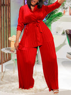 Pleated Long Sleeve Shirt and Pants Set with Belt