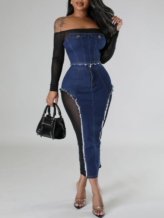 Off Shoulder Mesh Denim Skirt Set
