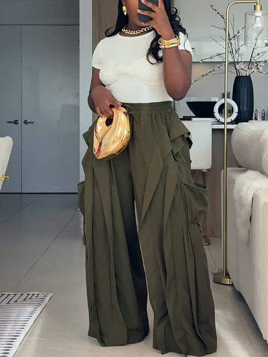 Ruffle Trim Drawstring Wide Leg Pants