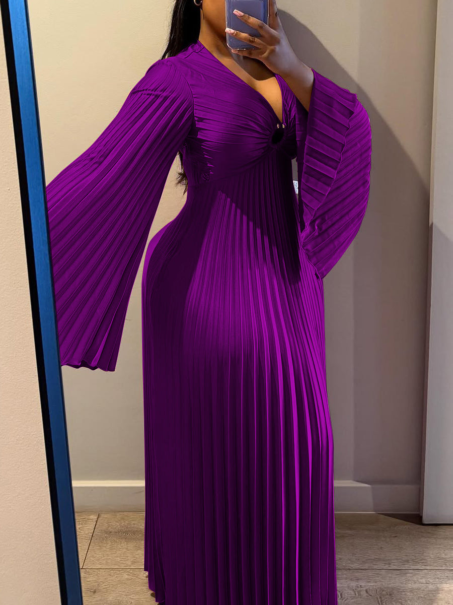 Chiffon V-Neck Pleated Maxi Dress