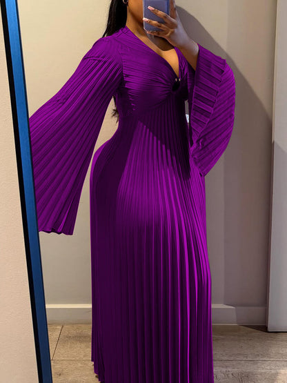 Chiffon V-Neck Pleated Maxi Dress
