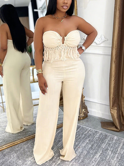 Strapless Cutout Fringe Wide Leg Jumpsuit