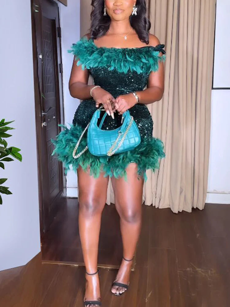 Sleeveless Feathers Sequin Party Mini Dress