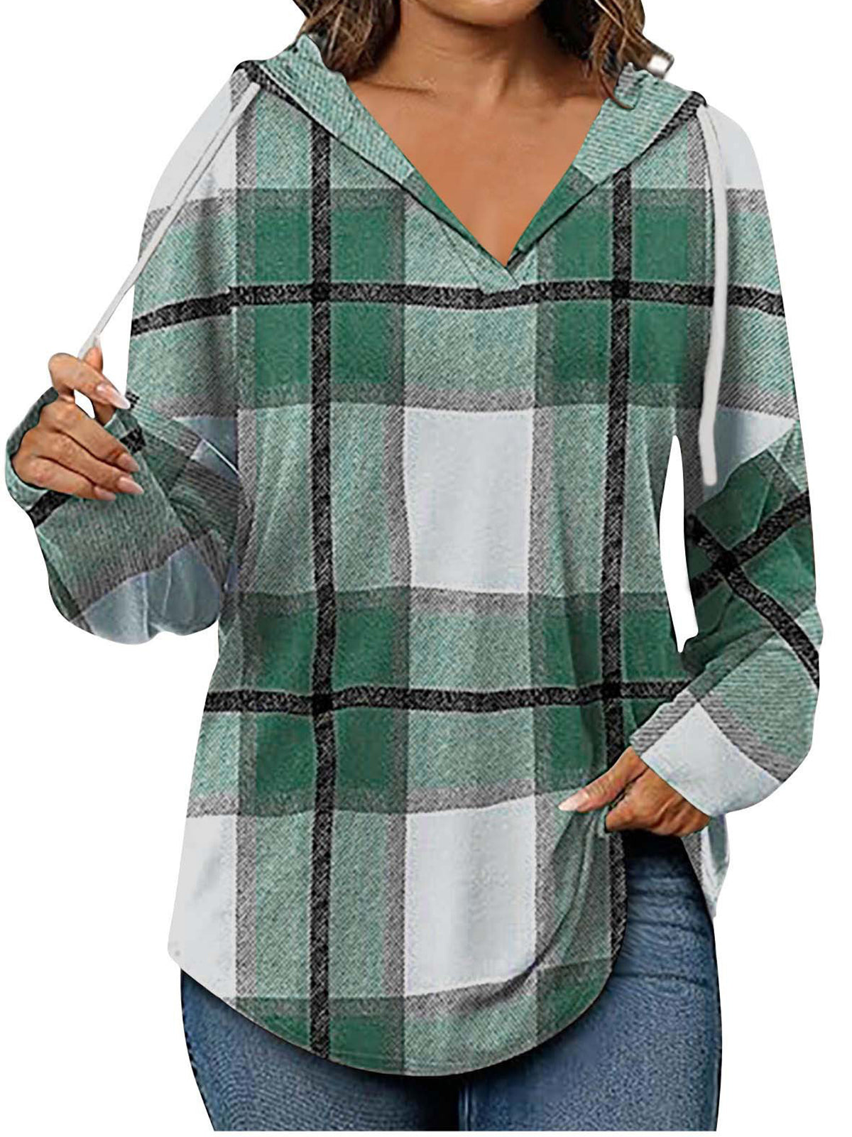 Plaid Drawstring Hooded Pullover Top