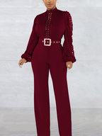 Lace Trim Belted Long Sleeve Jumpsuit