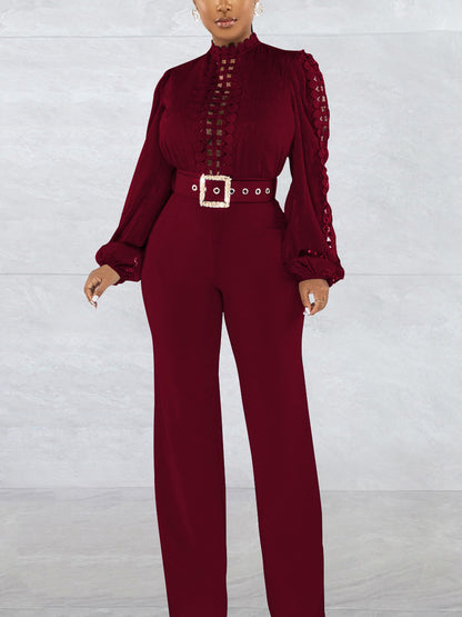 Lace Trim Belted Long Sleeve Jumpsuit