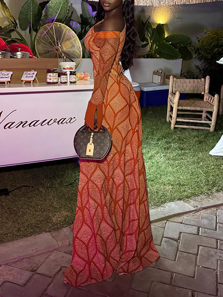 Boho Asymmetric Neck Geometric Maxi Dress