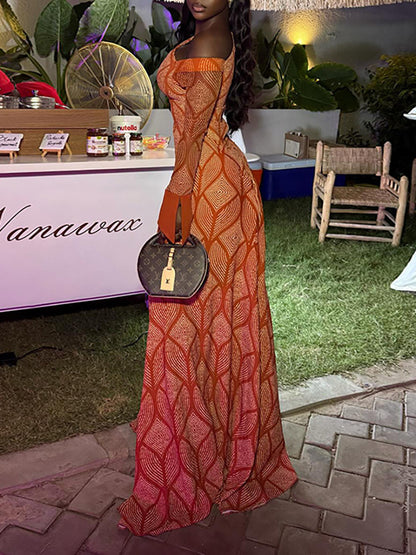 Boho Asymmetric Neck Geometric Maxi Dress