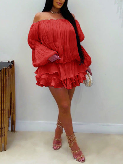 Off Shoulder Puff Sleeve Ruffle Mini Dress