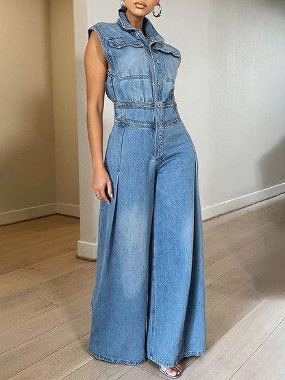Sleeveless Button Denim Wide Leg Jumpsuit