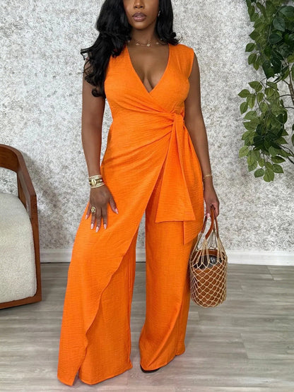 Elegant Wrap Waist Wide Leg Jumpsuit