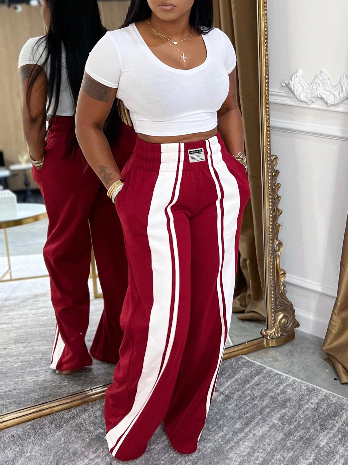 Wide Stripe Elastic Waist Wide Leg Pants