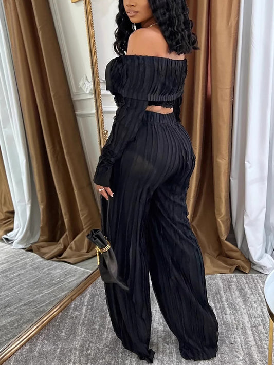 Wave Texture Off Shoulder Top Pants Set