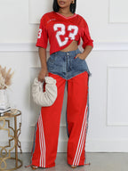Stripe Patchwork Drawstring Denim Pants