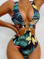 Sleeveless Backless Leaf Print Swimsuit