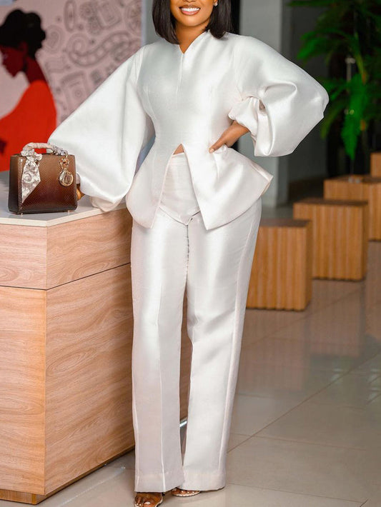 Puff Sleeve Slit Top Pants Set