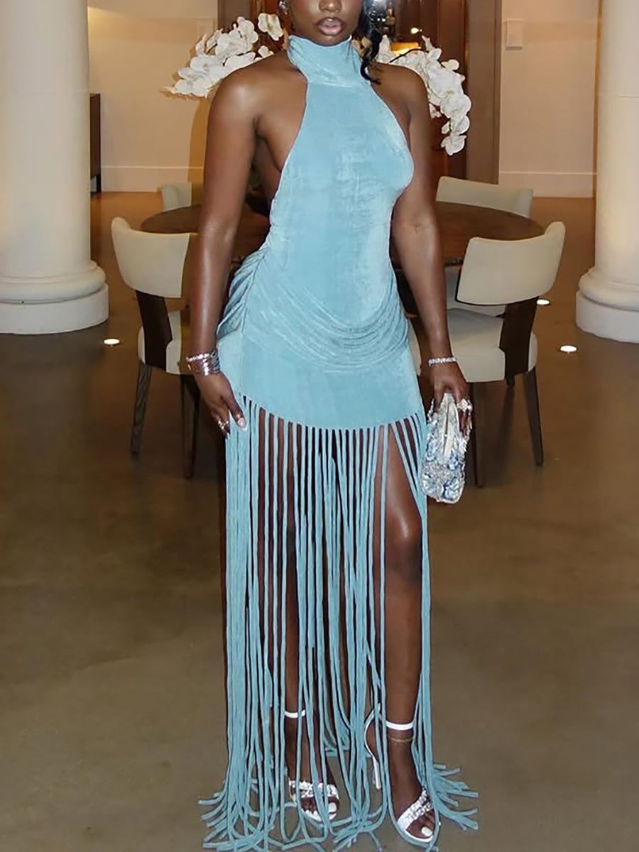 Fringe Halter Backless Ruched Mini Dress