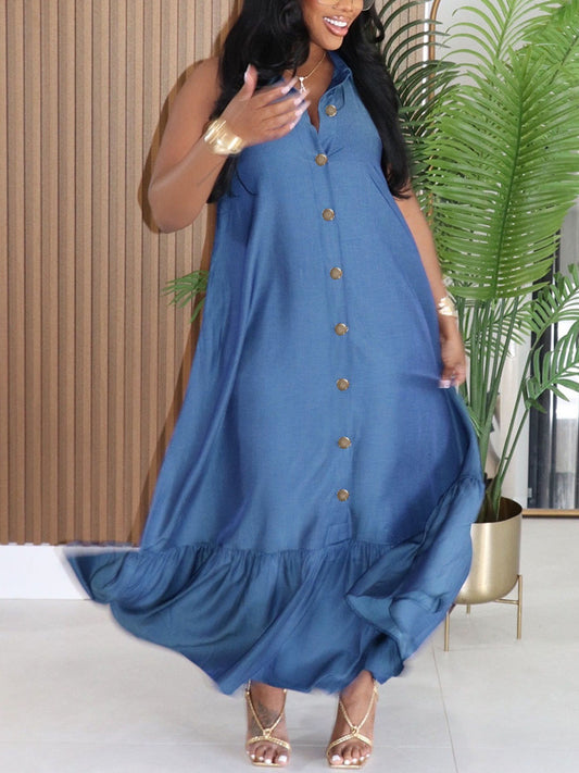 Sleeveless Ruffle Button Front Maxi Dress