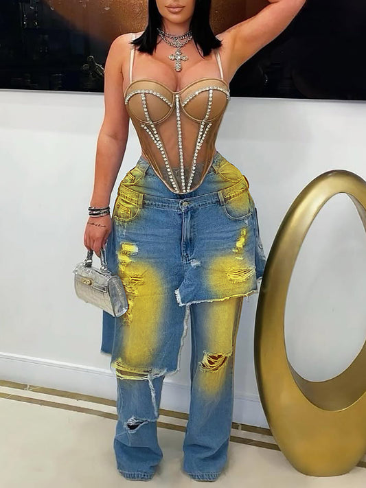 Distressed Gradient Patchwork Wide Leg Jeans