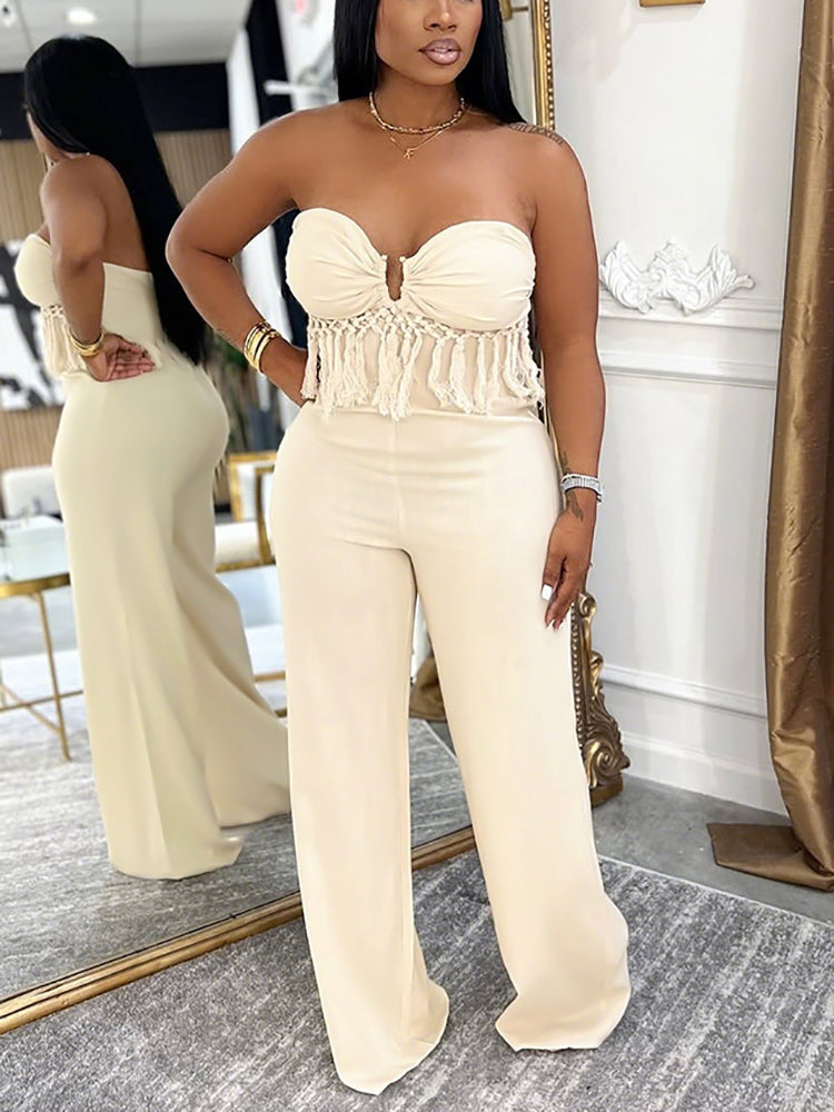 Strapless Cutout Fringe Wide Leg Jumpsuit