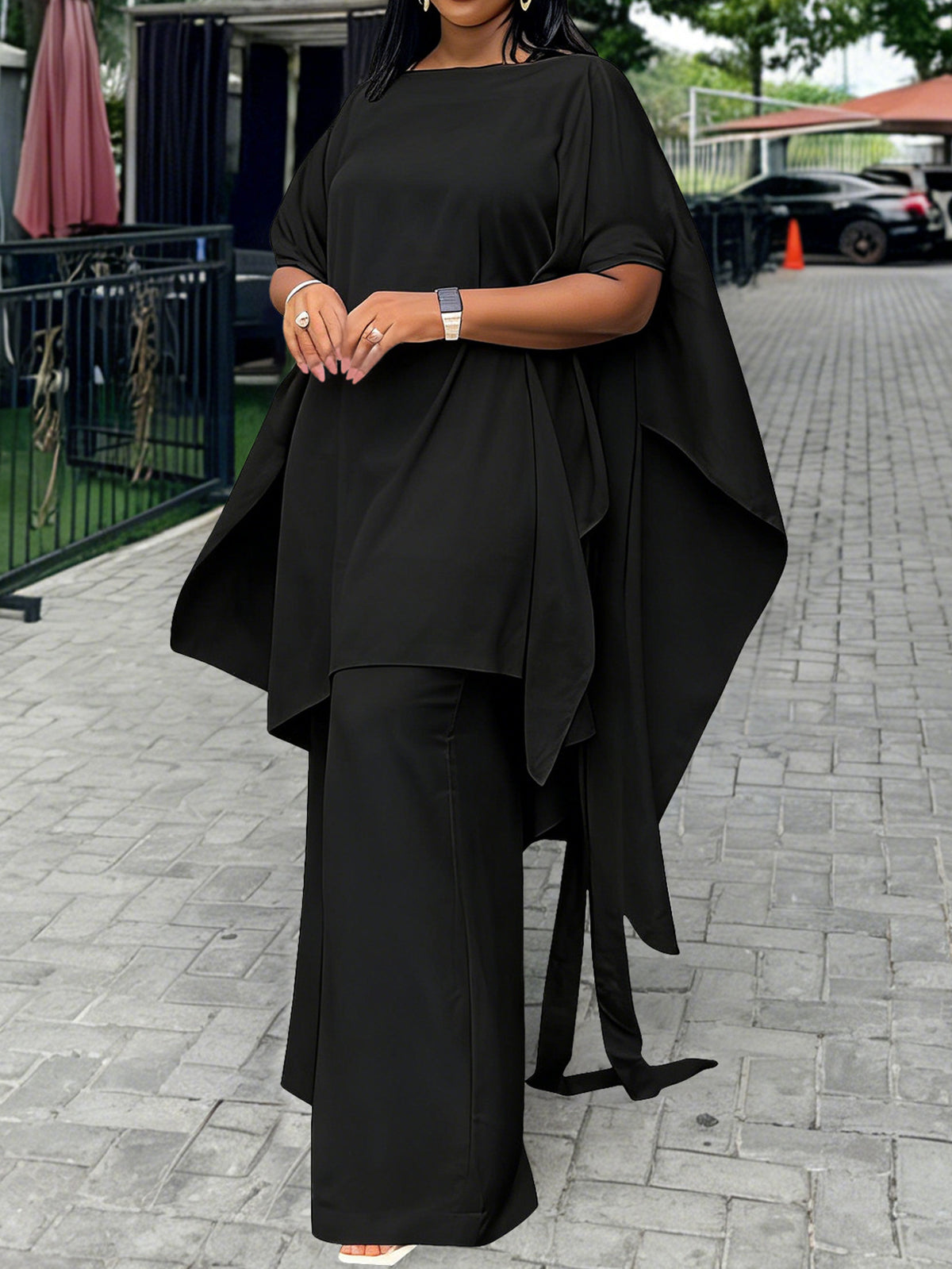 Plus Size Draped Top Pants Set