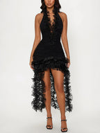 Halter Fringe Ruffle Hem Dress