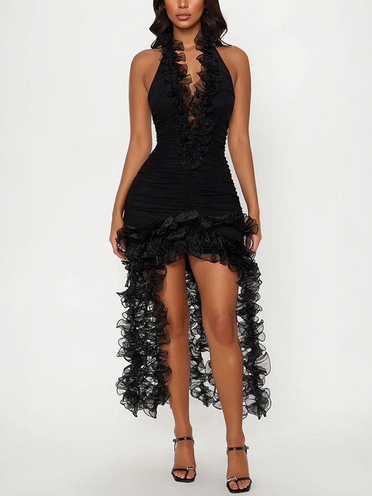 Halter Fringe Ruffle Hem Dress