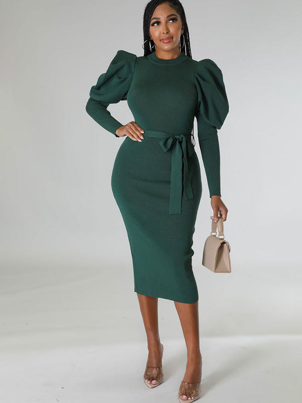 Long Sleeves Belted Bodycon Midi Dresses
