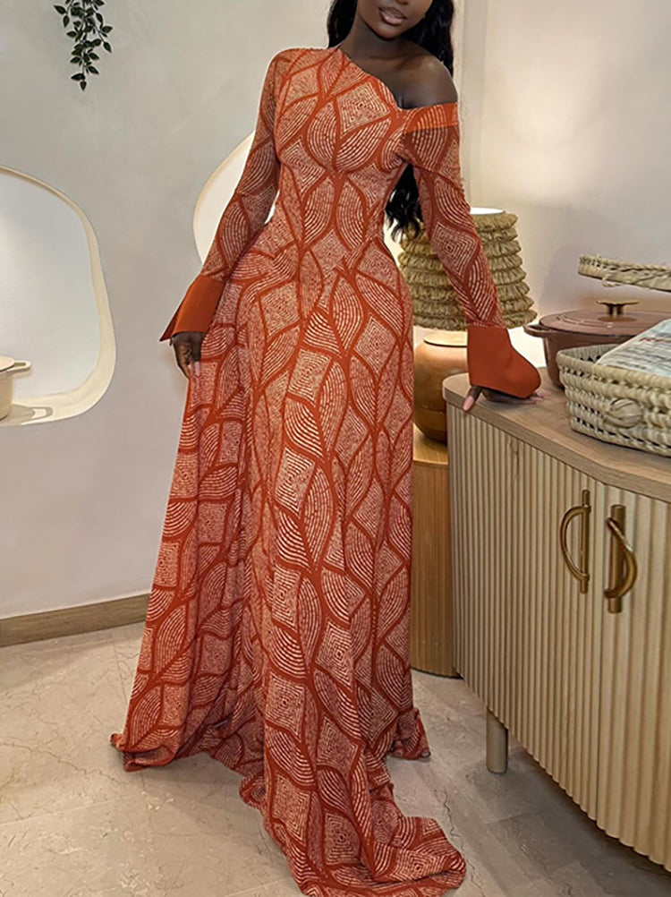 Boho Asymmetric Neck Geometric Maxi Dress