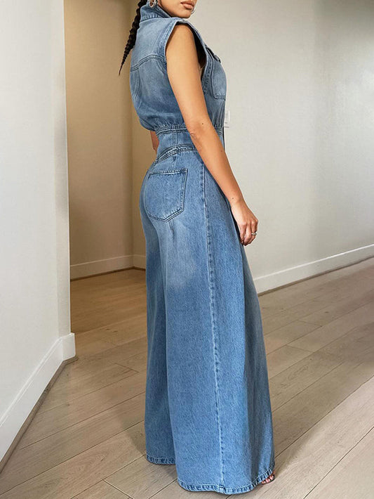 Sleeveless Button Denim Wide Leg Jumpsuit