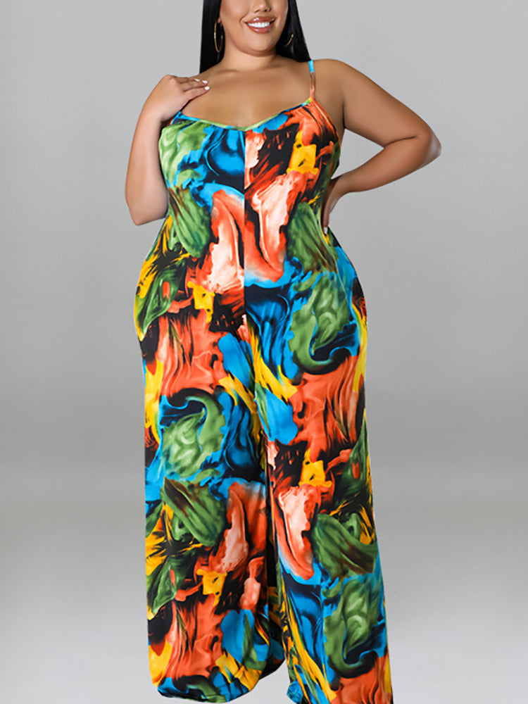 Plus Size Floral Print Strap Jumpsuit with Belt