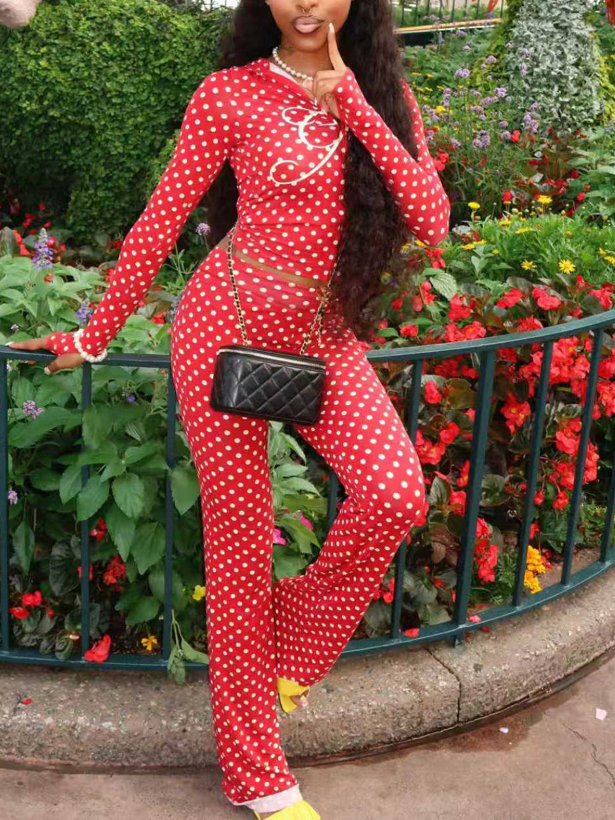 Polka Dot Hoodie Wide Leg Pants Set