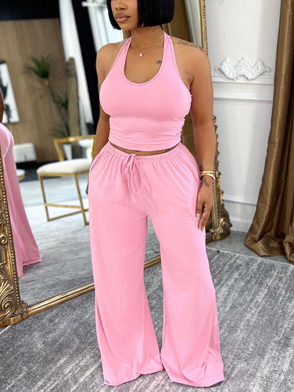 Halter Top Pocket Wide Leg Pants Set