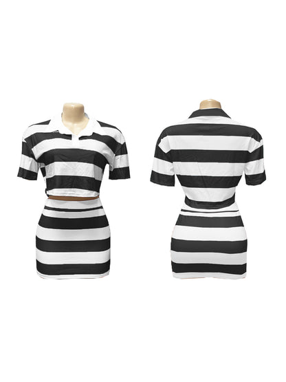 Striped Contrast Crop Top Skirt Set
