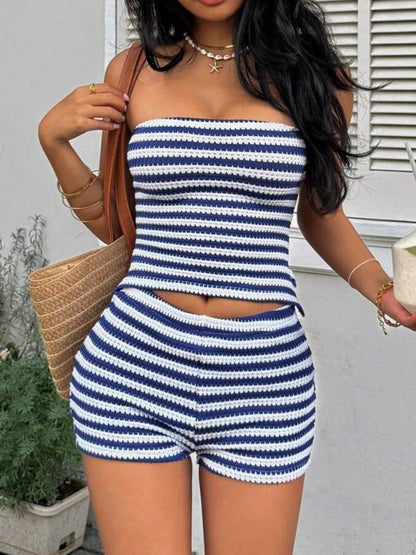 Stripe Tube Crop Top Shorts Set