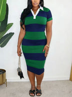 Lapel Stripe Color Block Midi Dress