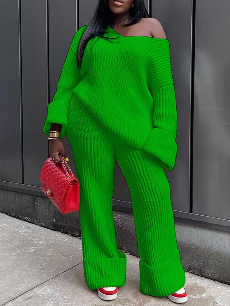Loose Knit Top Wide Leg Pants Set