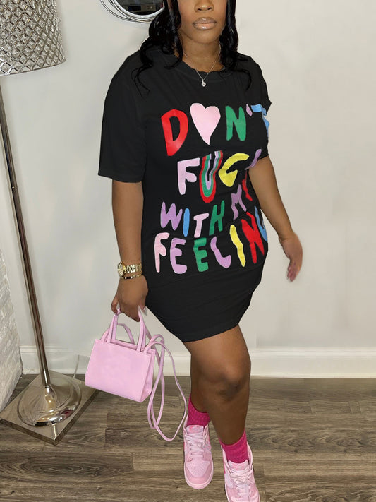 Colorblock Letter Print T Shirt Mini Dress