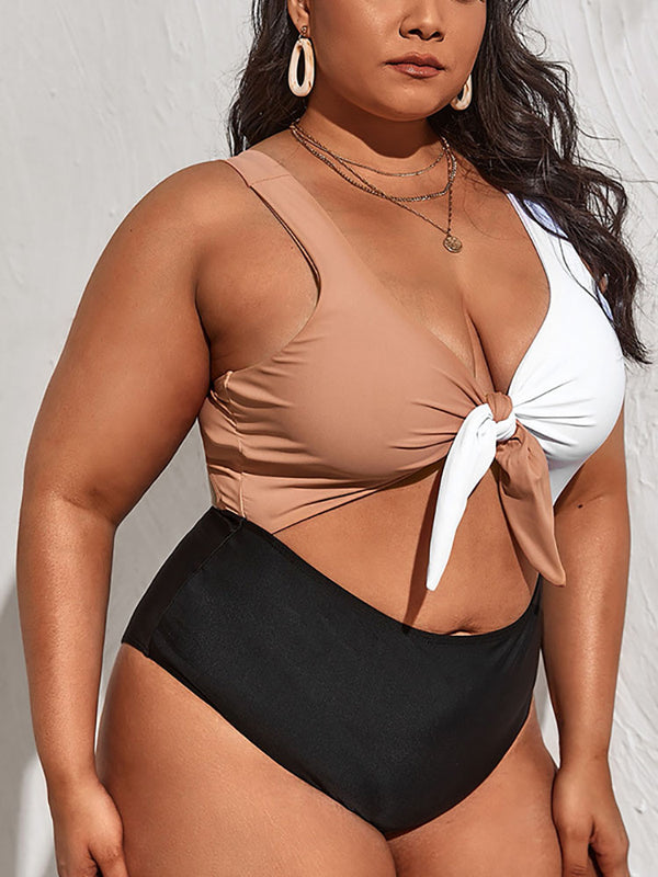 Plus Size Sleeveless Color Block Swimsuits