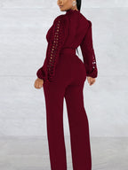 Lace Trim Belted Long Sleeve Jumpsuit