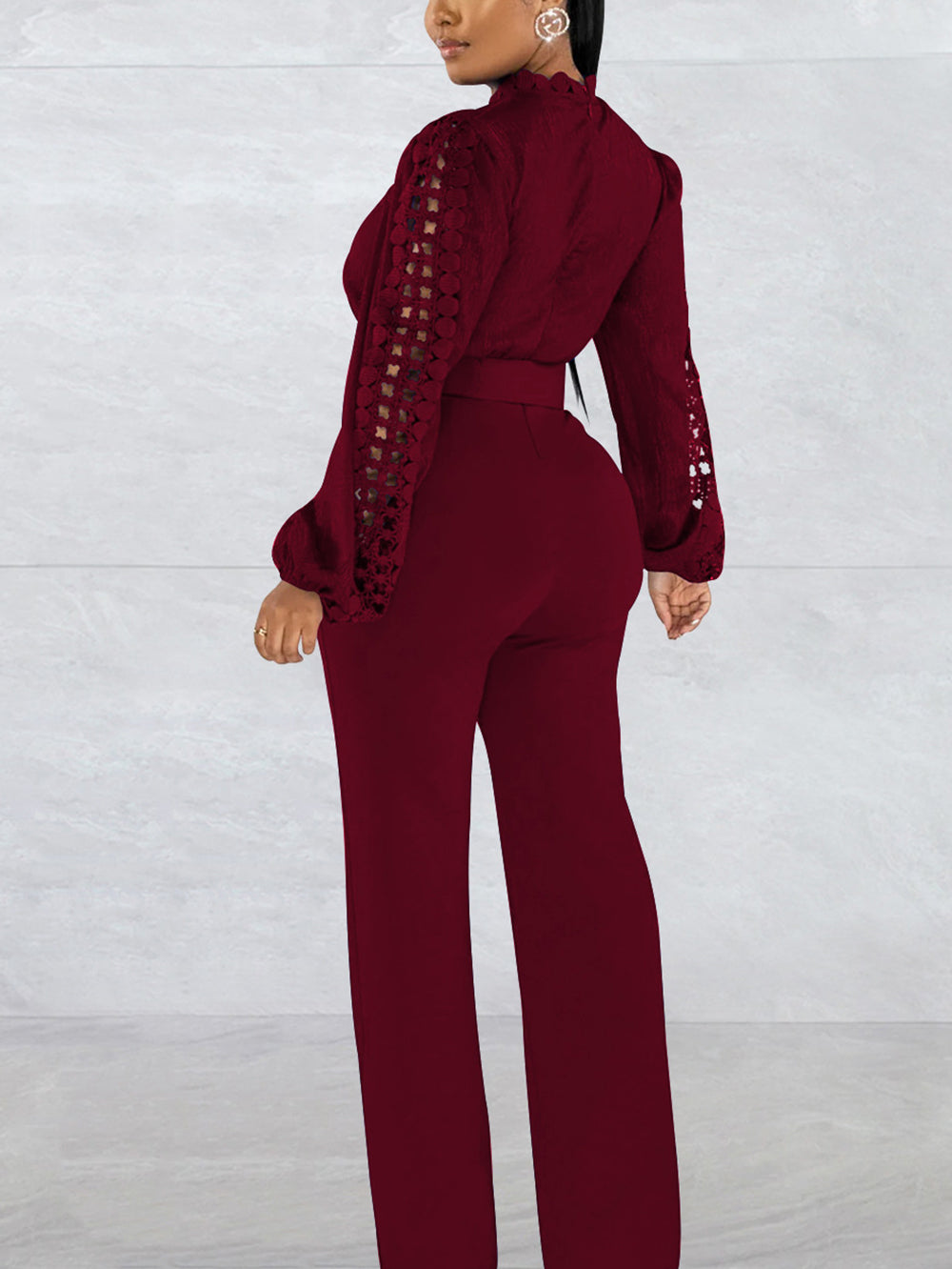 Lace Trim Belted Long Sleeve Jumpsuit