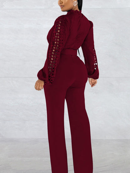 Lace Trim Belted Long Sleeve Jumpsuit