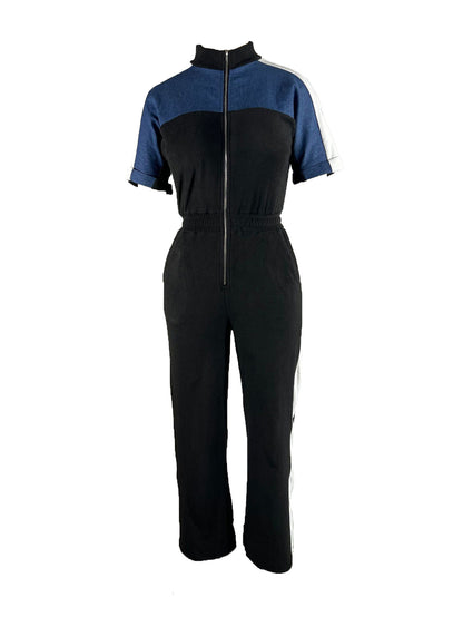 Denim Color Block Zipper Long Jumpsuit