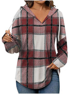 Plaid Drawstring Hooded Pullover Top