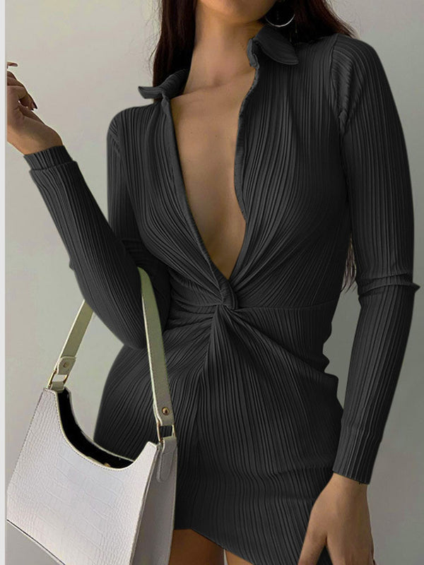 Deep V Neck Ruched Long Sleeve Bodycon Mini Dresses