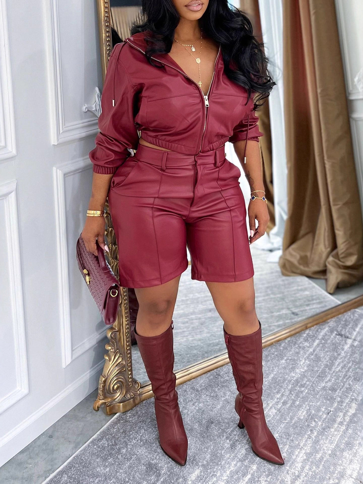 Hooded PU Leather Jacket Shorts Set