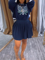 Vintage Tennis Print Sweatshirt Pleated Skirt Set