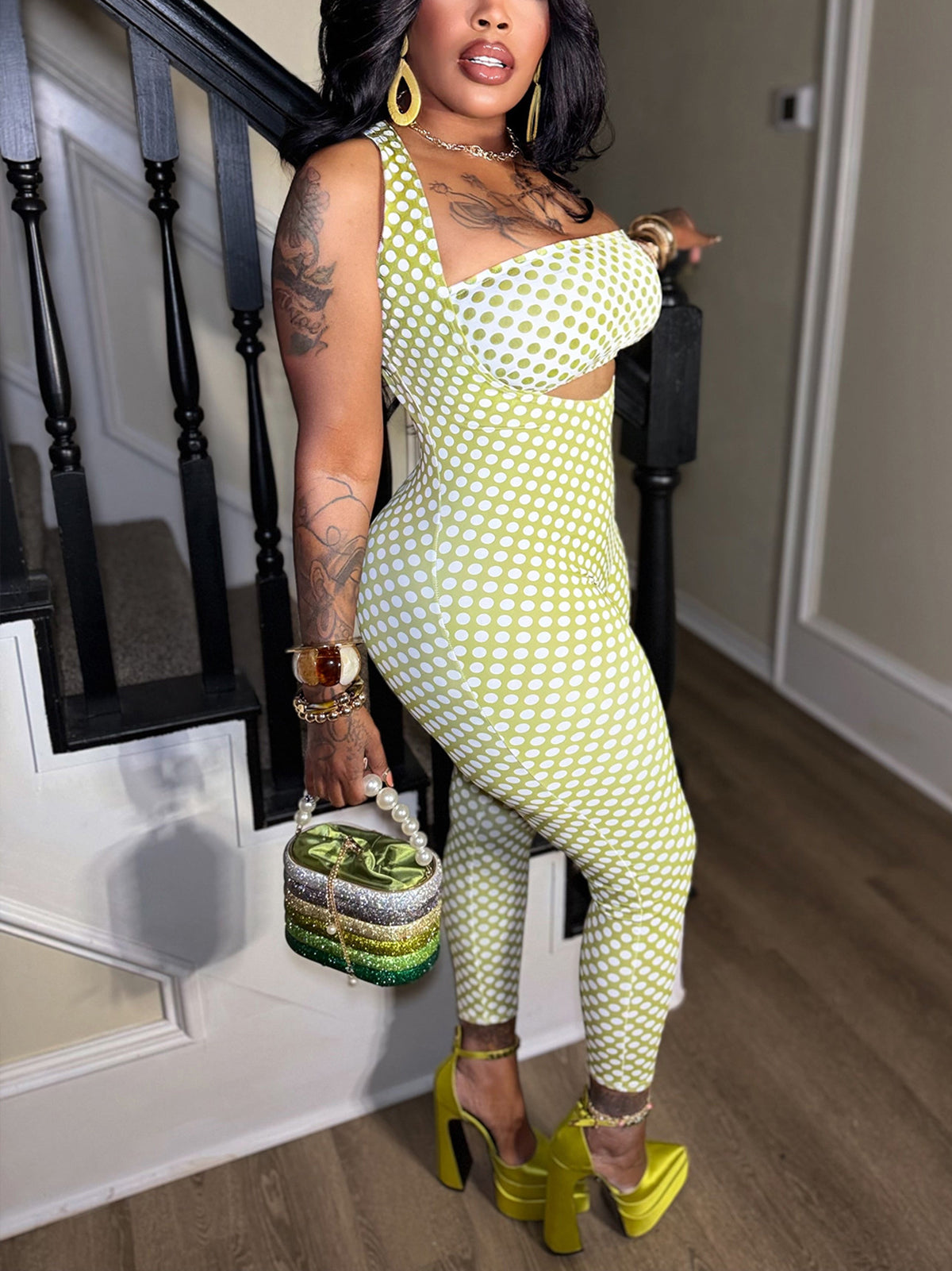 Polka Dot Headscarf Bandeau Jumpsuit Set