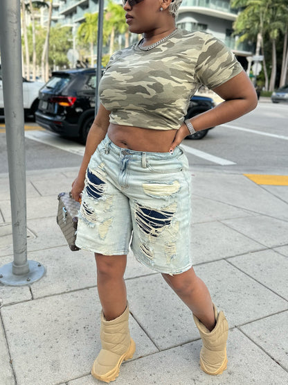 Distressed Patchwork Denim Shorts