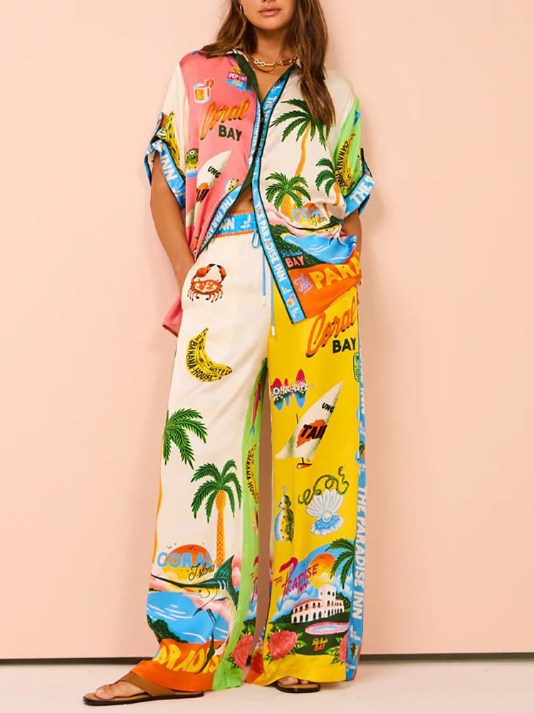 Printed Shirt Wide Leg Pants Set